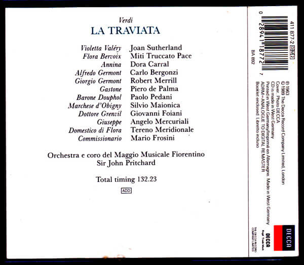 Verdi* / Sutherland*, Bergonzi*, Merrill*, Orchestra* E Coro Del Maggio Musicale Fiorentino, Sir John Pritchard* – La Traviata - CD - V.G. + - Image 2