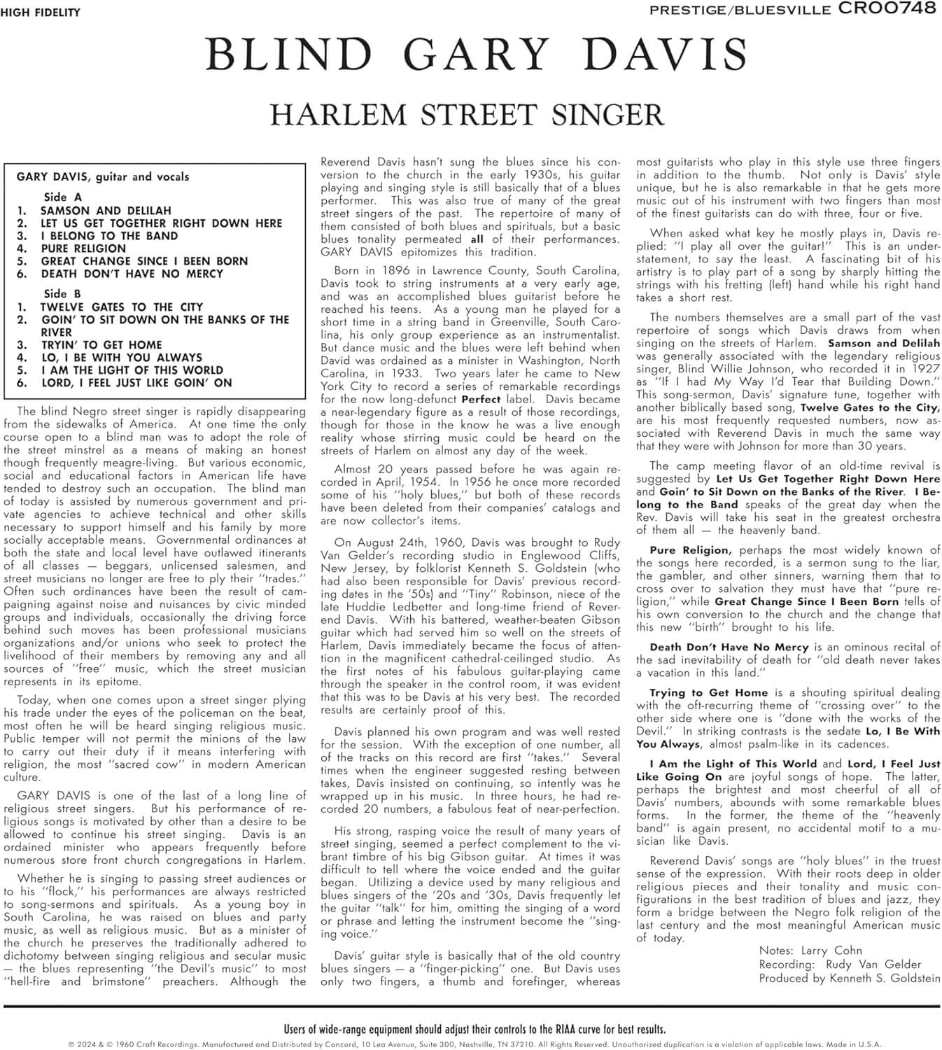 Blind Gary Davis - Harlem Street Singer - Vinyl LP - Image 2