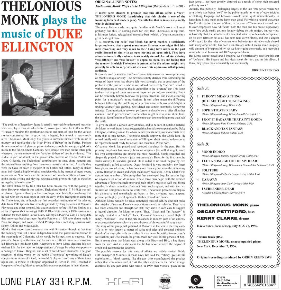 Thelonious Monk - Plays The Music Of Duke Ellington - Vinyl LP - Image 2